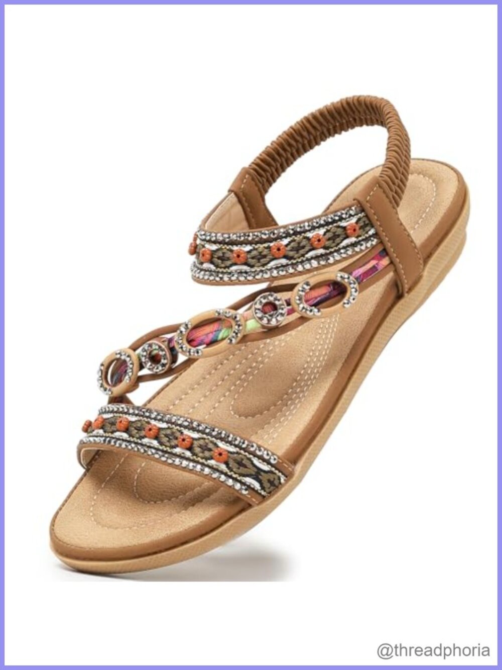 Womens Flat Sandals Bohemian Beaded Slingback Faux Leather Summer Casual